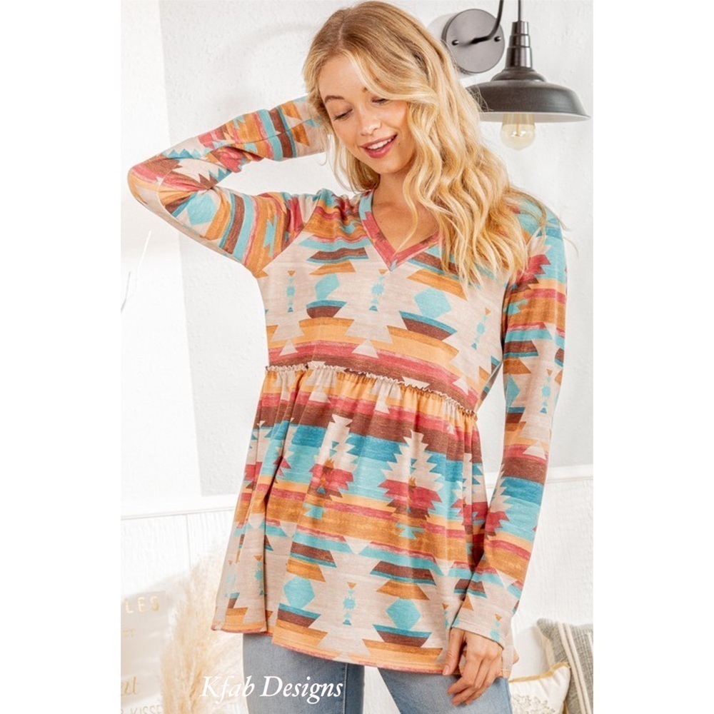 LAST 2! V Neck Ruffle Detail Aztec Print Top! - Picture 2 of 11
